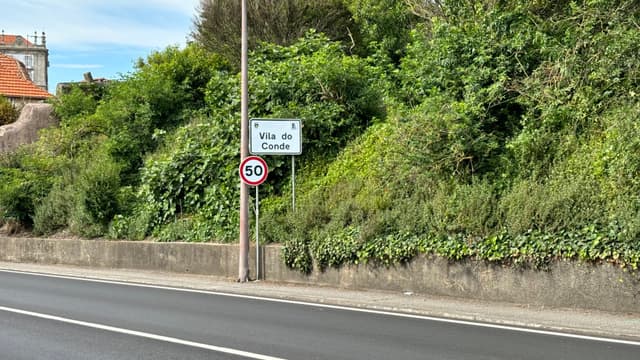 A roadside with a speed limit sign of 30 mph and a sign indicating the entrance to a village, surrounded by greenery and a stone wall