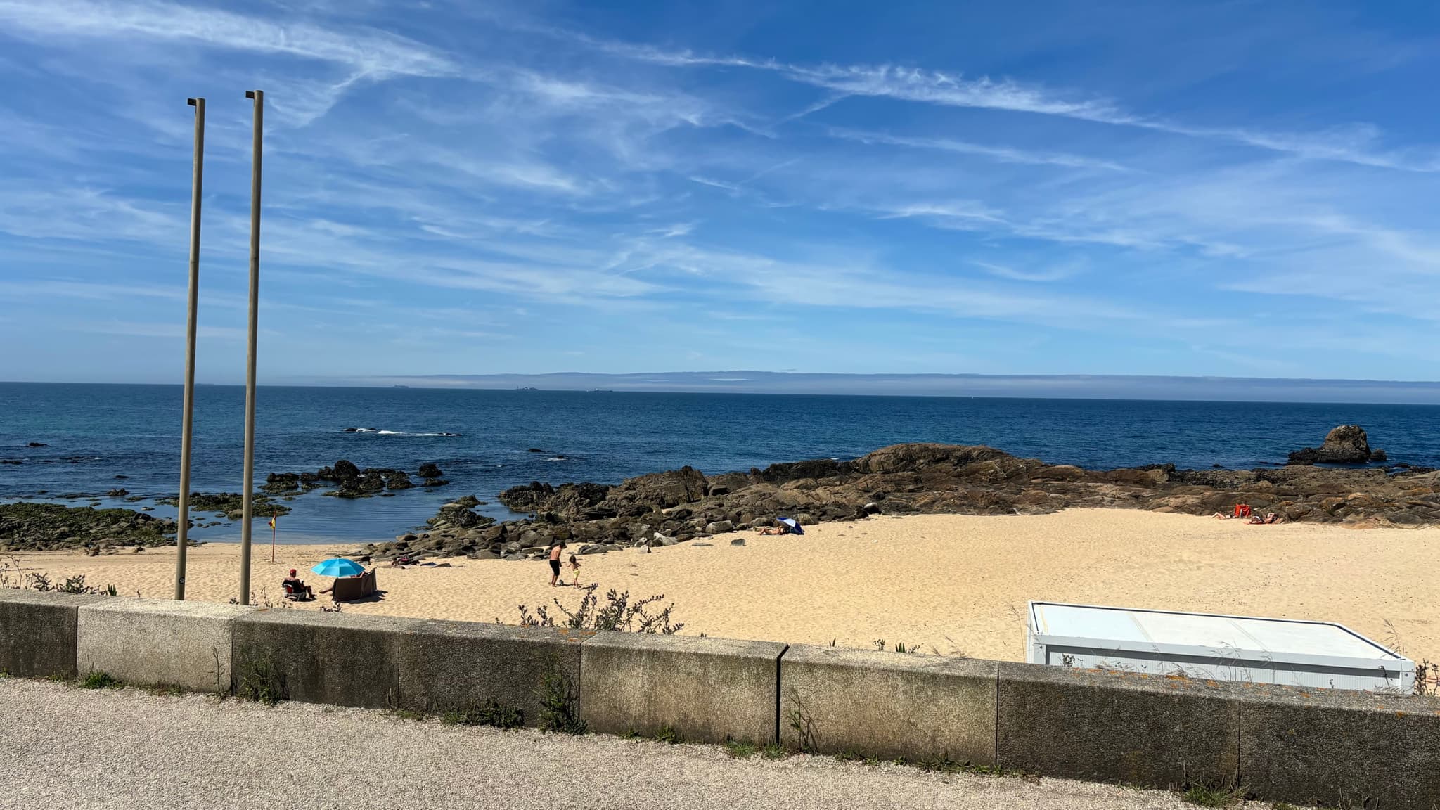 A sandy beach with scattered rocks, a few people, and a clear blue sky