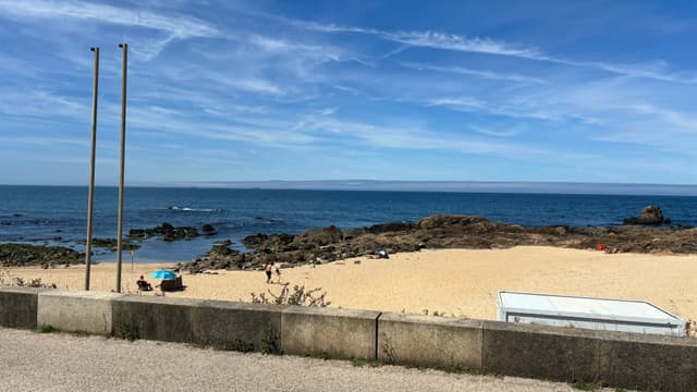 A sandy beach with scattered rocks, a few people, and a clear blue sky