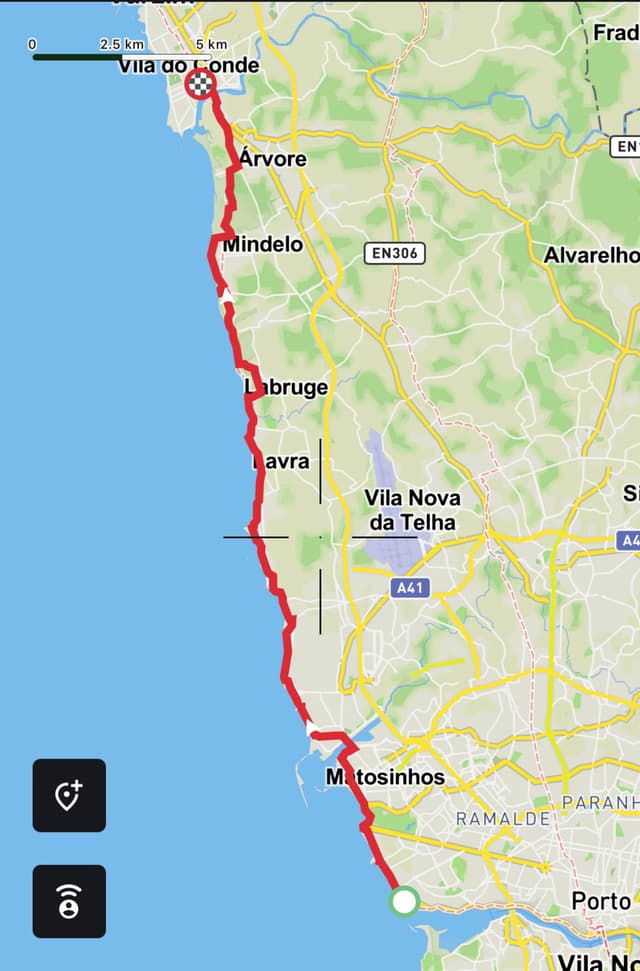 A map highlighting a coastal route in Portugal, marked in red, running from Matosinhos to Vila do Conde, with various towns and roads labeled along the way.