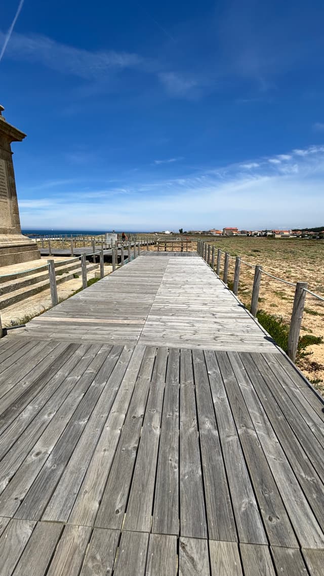 A wooden boardwalk stretches into the distance under a clear blue sky, with sand and sparse vegetation on either side
