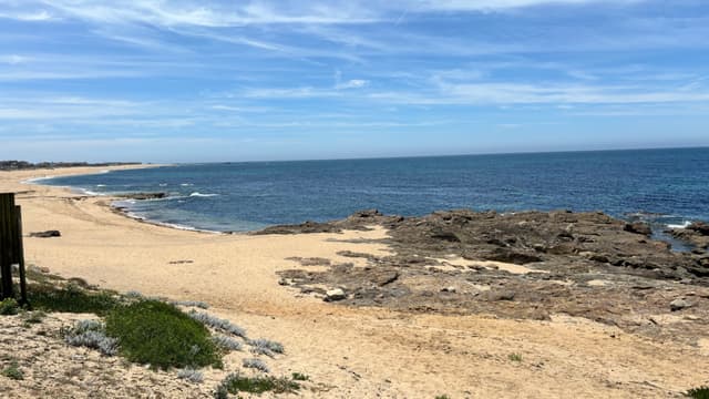 A sandy beach with scattered rocks along the shoreline, meeting a calm blue ocean under a partly cloudy sky